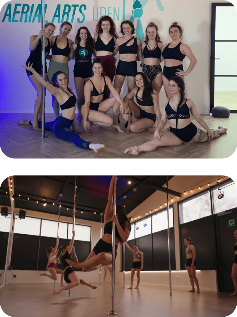 een aantal mensen die een demonstratie krijgen van een docente workshop in Uden Brabant paaldansen