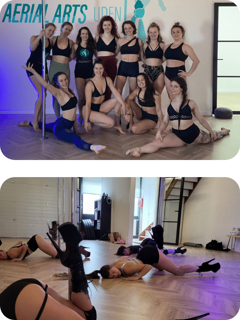 dames die paaldansen met kniebeschermers